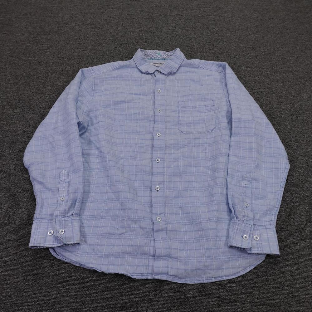 Tommy Bahama Shirt Mens Large Blue Plaid Long Sleeve Button Up Casual Linen